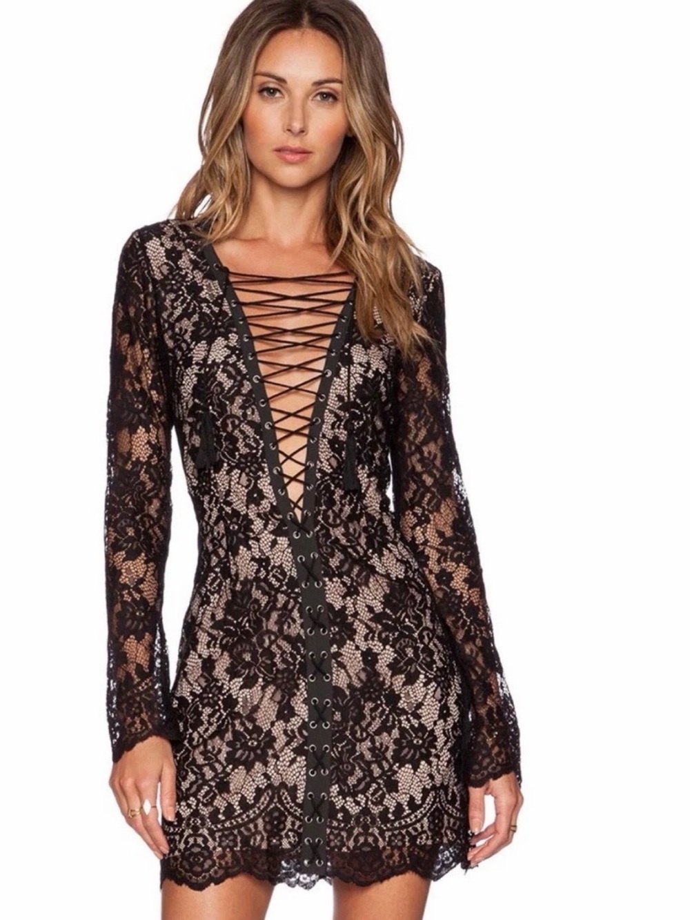 RARE-The Jetset Diaries Black Lace Plunge Mini Dress w/Nude Lining x free people